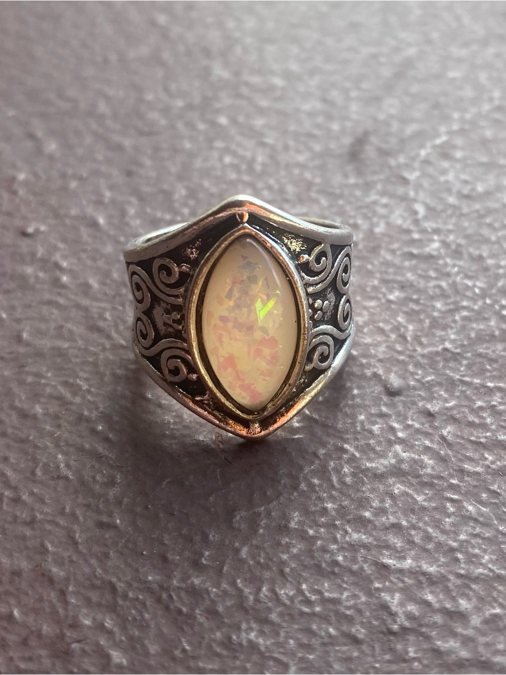 Tibetan Silver Statement Ring w/ an Imitation Opal Stone Size 6.5